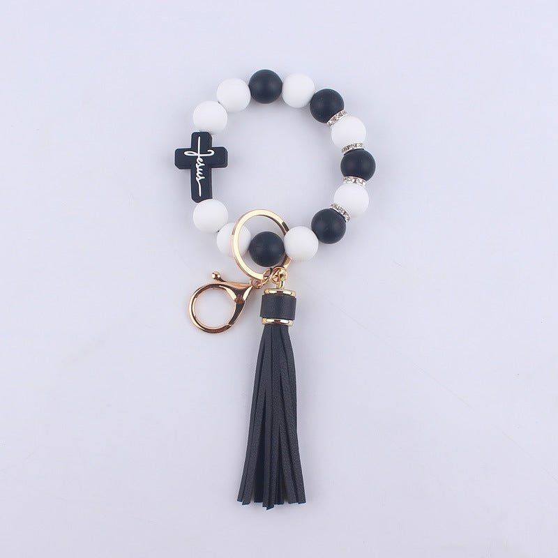 Wholesale Cartoon Silicone Cross Bead Tassel Wrist Keychain